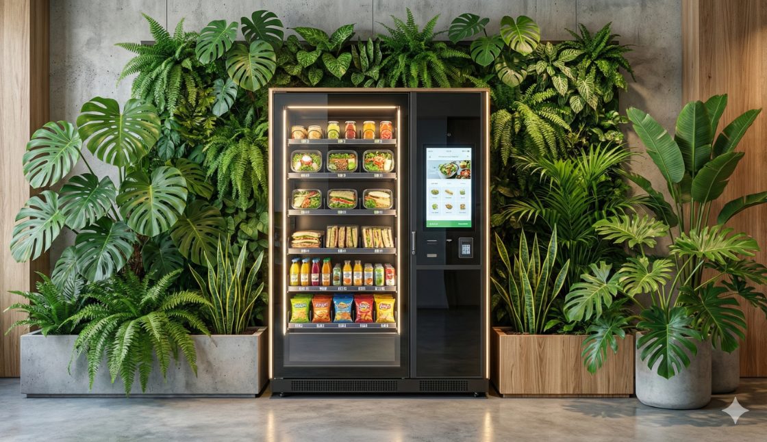 Modern micro-market with lush plants in a luxury apartment lobby