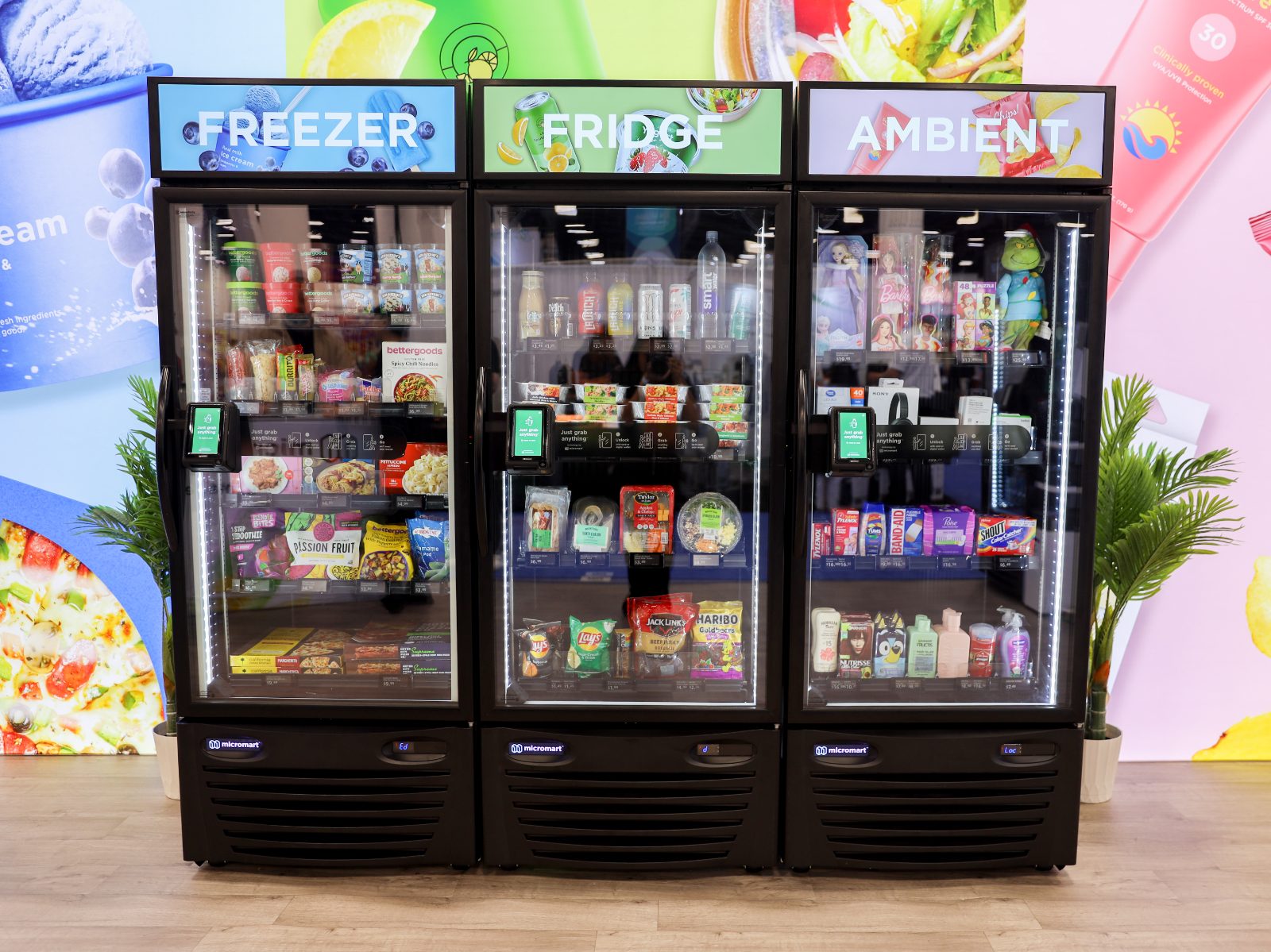 Three-unit micro-market setup showing freezer, fridge, and ambient shelving
